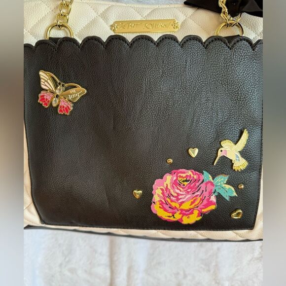 Betsey Johnson Black and White Floral Tote with Metal Embellishments - Picture 2 of 12